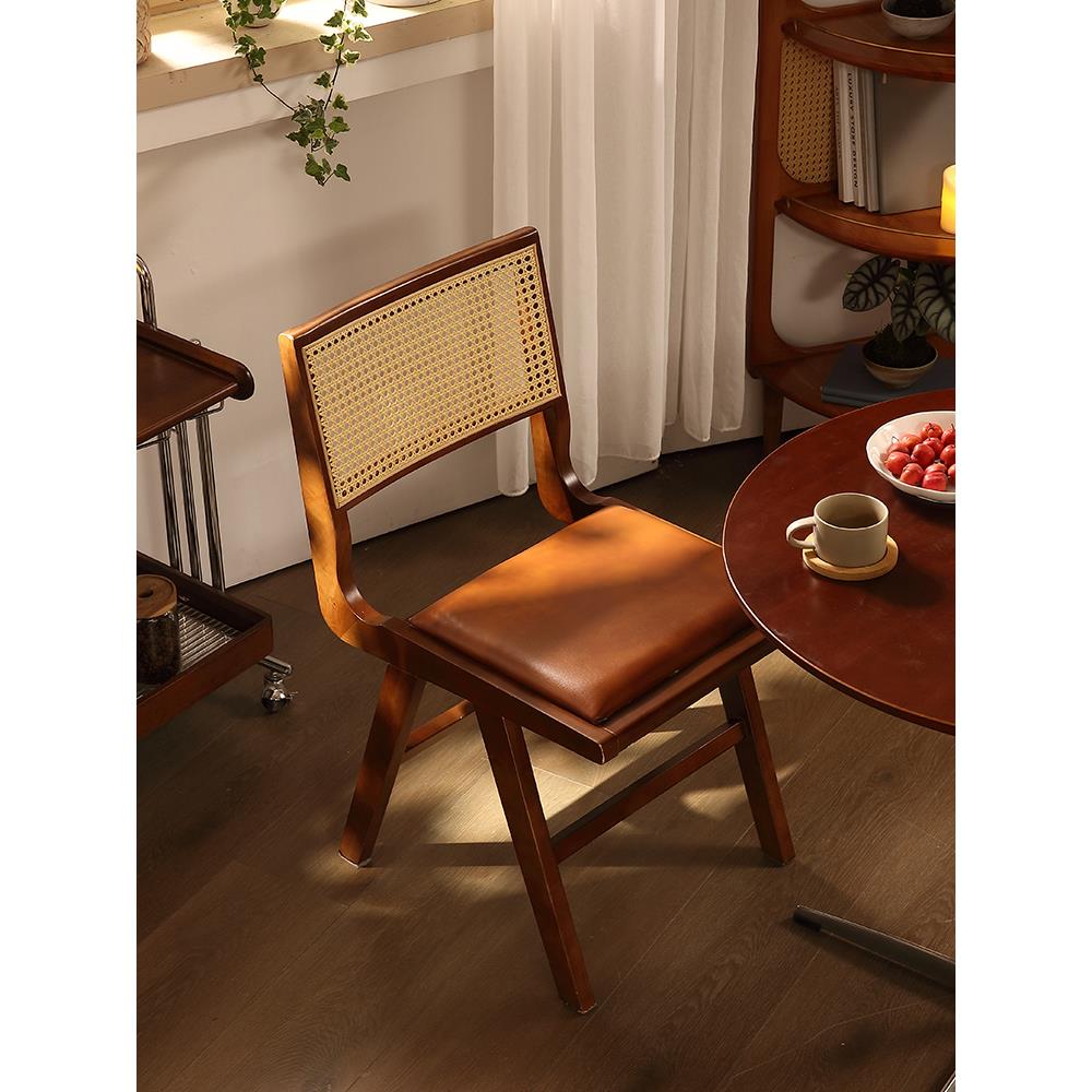 中古轻奢实木餐椅北欧ins藤编靠背卧室书桌化妆凳覆古咖啡厅椅子