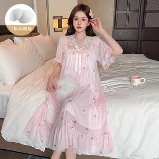带胸垫睡裙女款夏季短袖莫代尔网纱法式蕾丝仙女公主风睡衣家居服