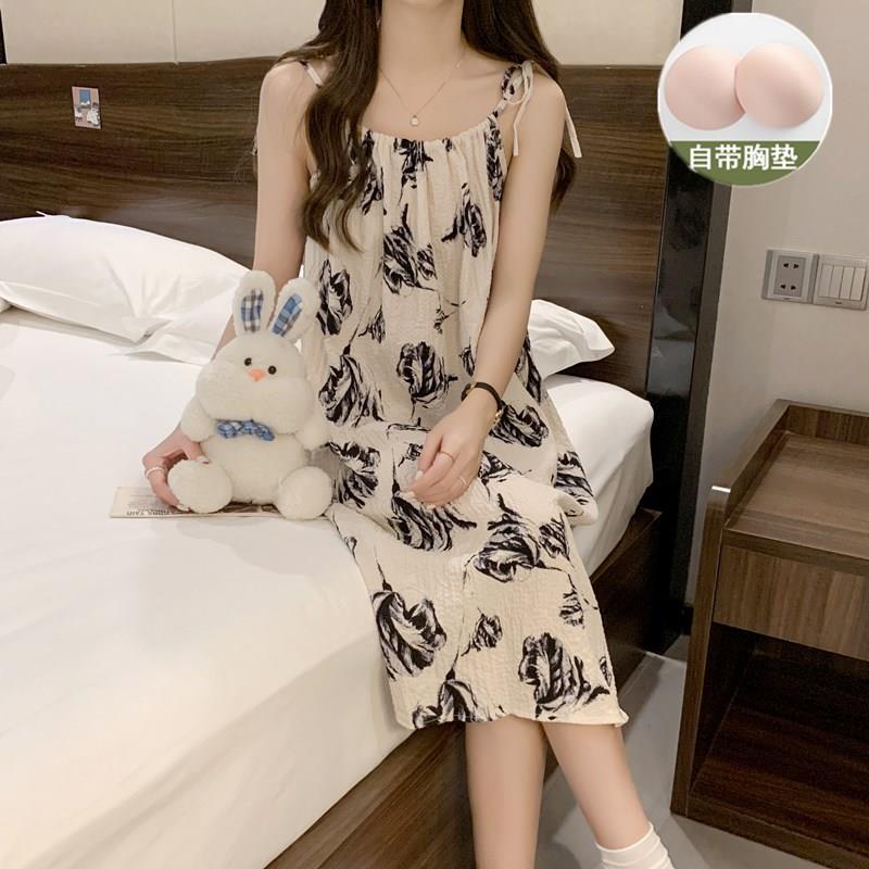 睡裙女士夏季吊带宽松大码胖mm云朵棉带胸垫睡衣长款连衣裙家居服