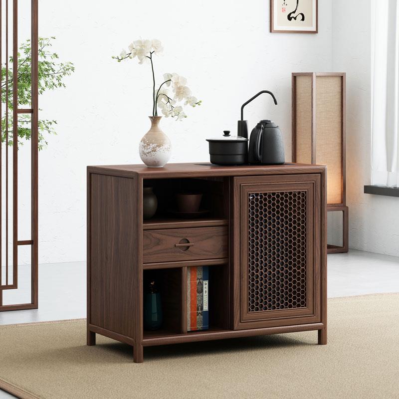 新中式茶水柜北美黑胡桃木可移动茶水台小户型茶边柜老榆木烧水柜