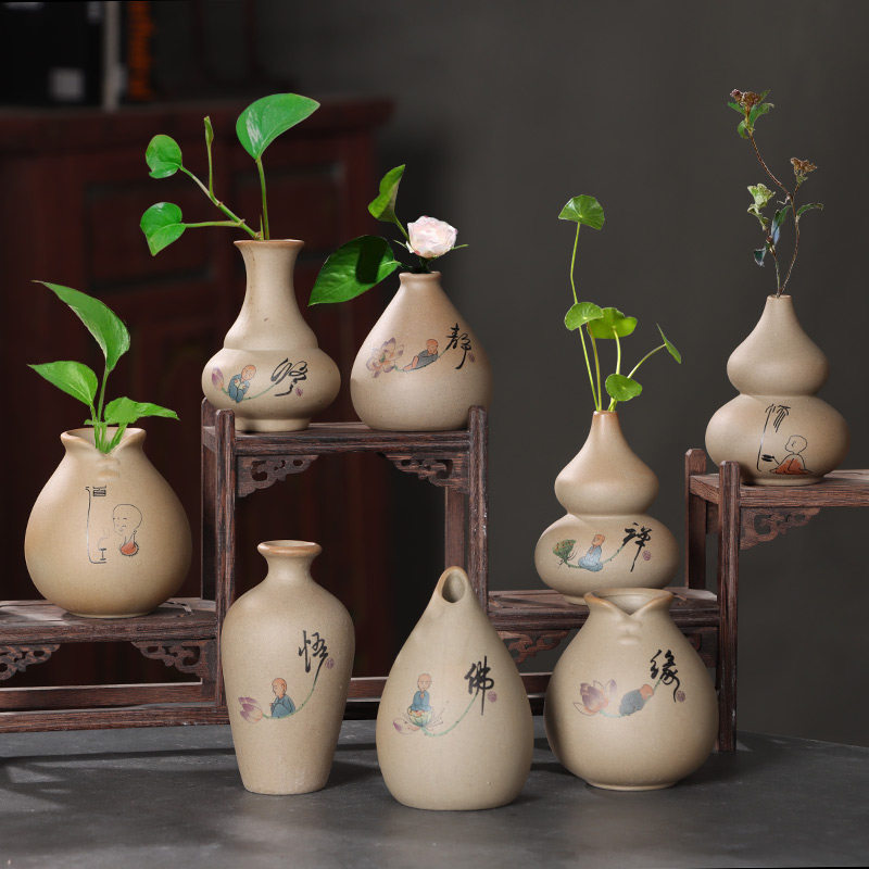 禅意粗陶小花瓶陶瓷装饰客厅摆件家居复古水培插花插干燥花器插花