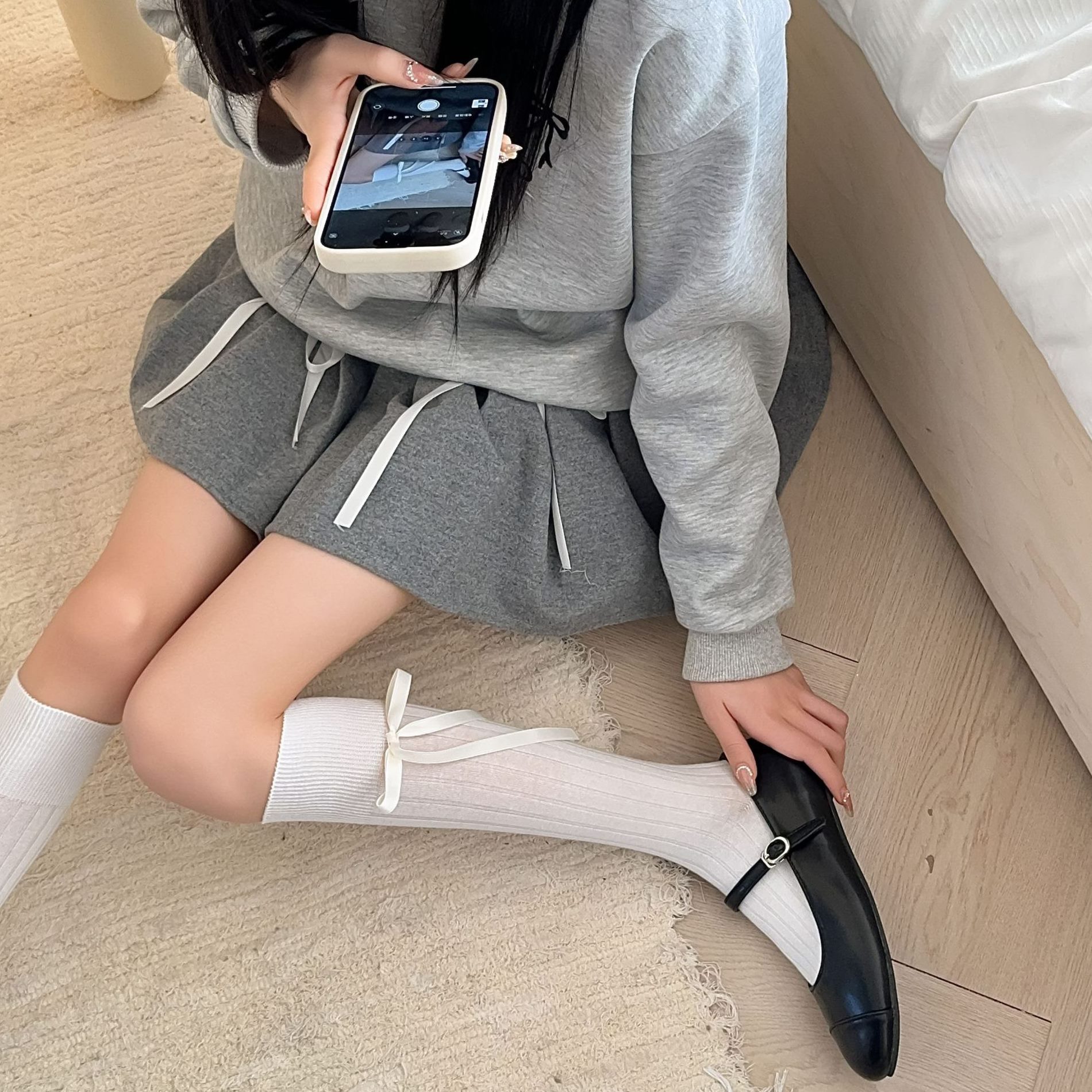 春夏薄款百搭纯色jk小腿袜女蝴蝶结灰色堆堆袜甜美芭蕾风长筒袜