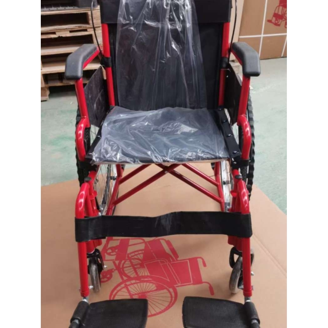 红色车架多功能轮椅老人年代步车残疾人手推车扶手可掀活挂腿充气
