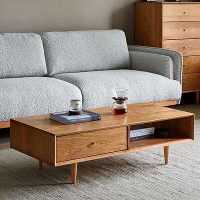 北欧客厅茶几简约现代小户型设计师原木风家用樱桃木方形储物茶几