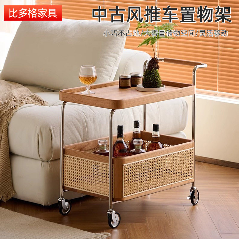 实木移动带轮边几铁艺收纳客厅储物藤编简约茶几中古小推车置物架