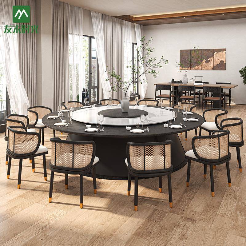 电动餐PEX桌饭店盘板包厢1人20人5桌椅组合酒店宴会自动转岩大圆