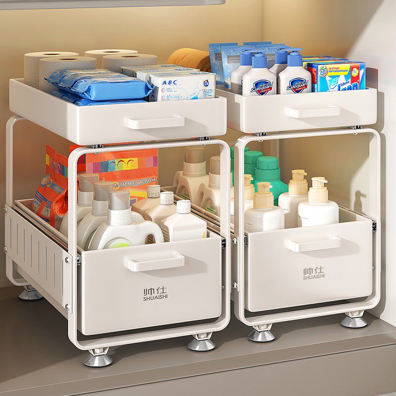 下水槽置物架抽拉式拉篮橱柜分层隔板卫生间浴室柜下收纳筐整理盒