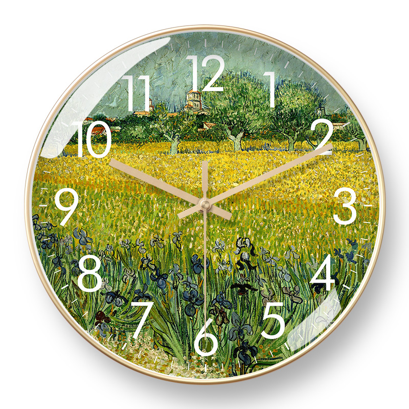 梵高油画挂钟石英钟表杏花麦田名画E欧美家用客厅电波钟自动对时