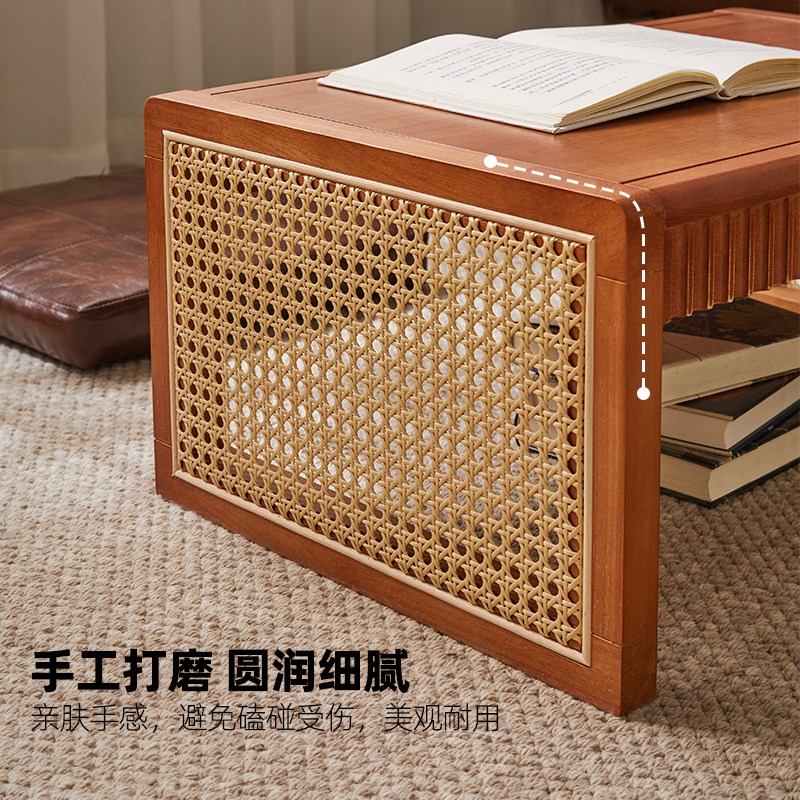 家逸实木藤编茶几飘窗桌子榻榻米茶台阳台小茶桌方桌Y炕几学习桌