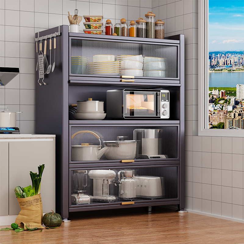 厨房家用整体橱柜防尘落地多层微波炉带门电器置物架多功能收纳柜