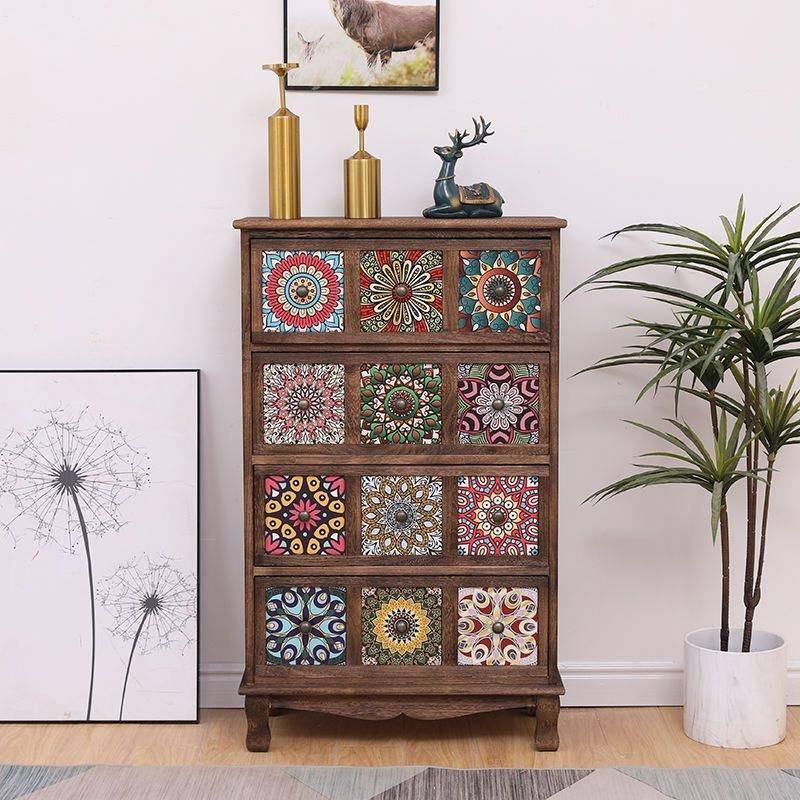 美式实DIS木斗柜抽屉式收纳柜客厅储物台多室层置物柜柜卧彩绘阳