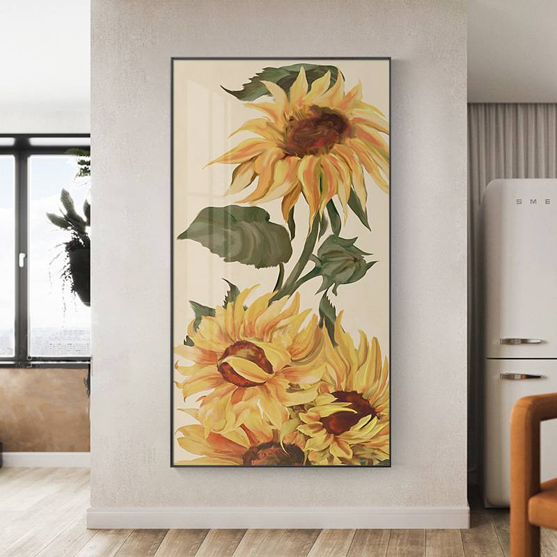 向日葵进门玄关装饰画客厅挂画现代简约巨幅竖版走廊尽头过道油画图片
