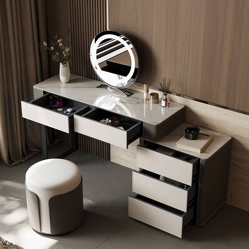 9U马鞍皮岩板梳妆台卧室现代简约实木收纳柜床头柜电视柜化妆桌一