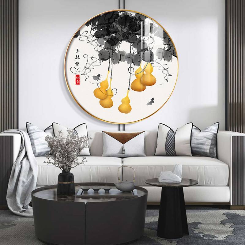 新中式圆形玄关装饰画入户进门五福临门葫芦招财挂画走廊过道壁画图片