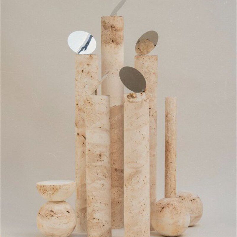 侘寂北欧轻奢风黄洞大理石圆柱体球形雕塑台卧室书房桌面落地摆件