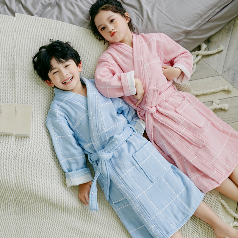 儿童浴袍纯棉纱布睡袍秋冬加厚吸水速干浴衣洗澡男童女童可穿浴巾