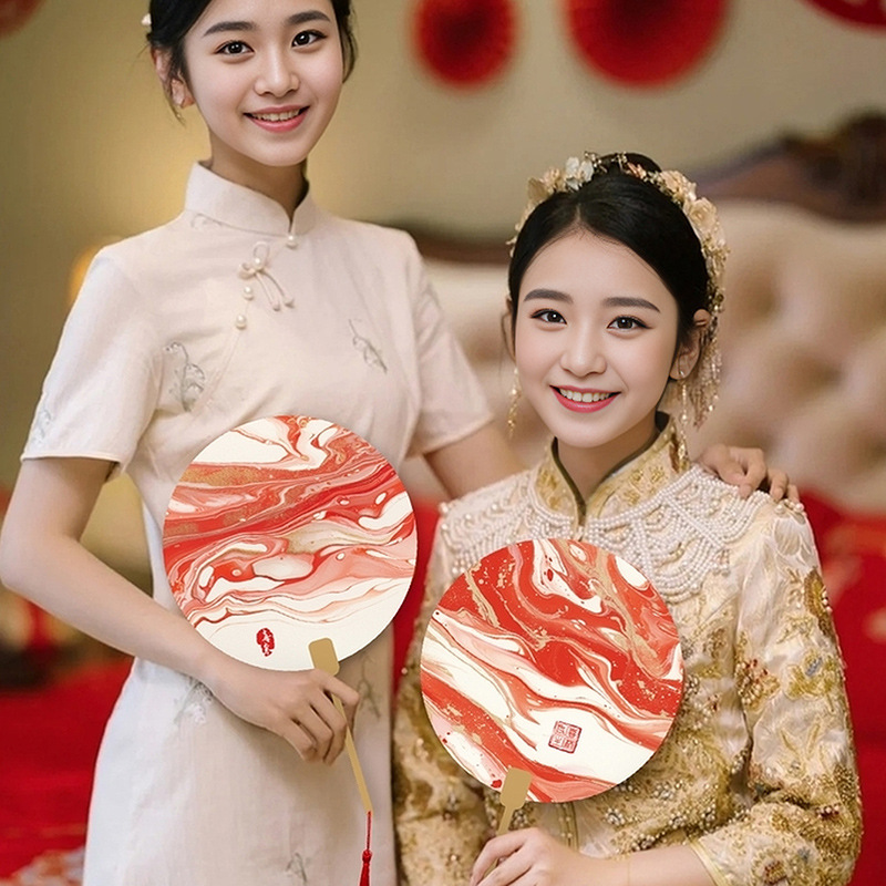 新款结婚新娘宣纸团扇迎亲伴娘姐妹团喜字婚礼拍照道具小扇子