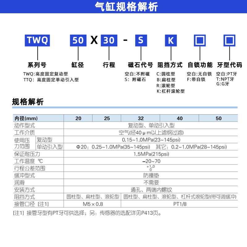 亚德客型阻挡气缸TTQ/TWQ20/25/32/4B0/50-10X20*25/30SC/SB流水
