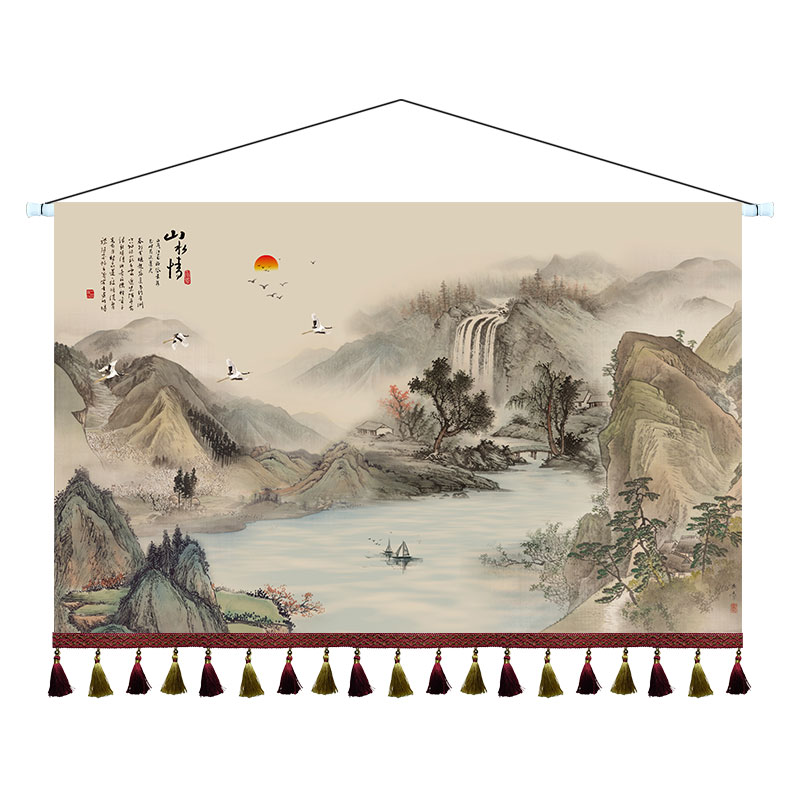 中式水墨山水挂画布艺卧室床头装饰画沙发背景墙挂毯茶室挂布定制图片
