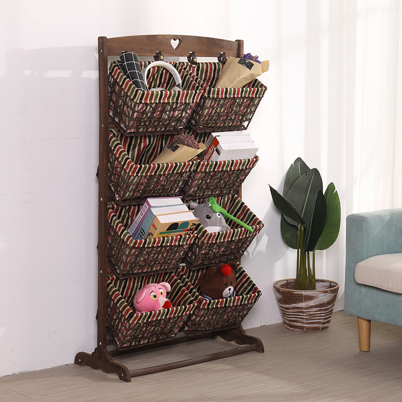实木收纳架卧室客厅多层储物架家用落地置物架藤编布艺吊篮书报架