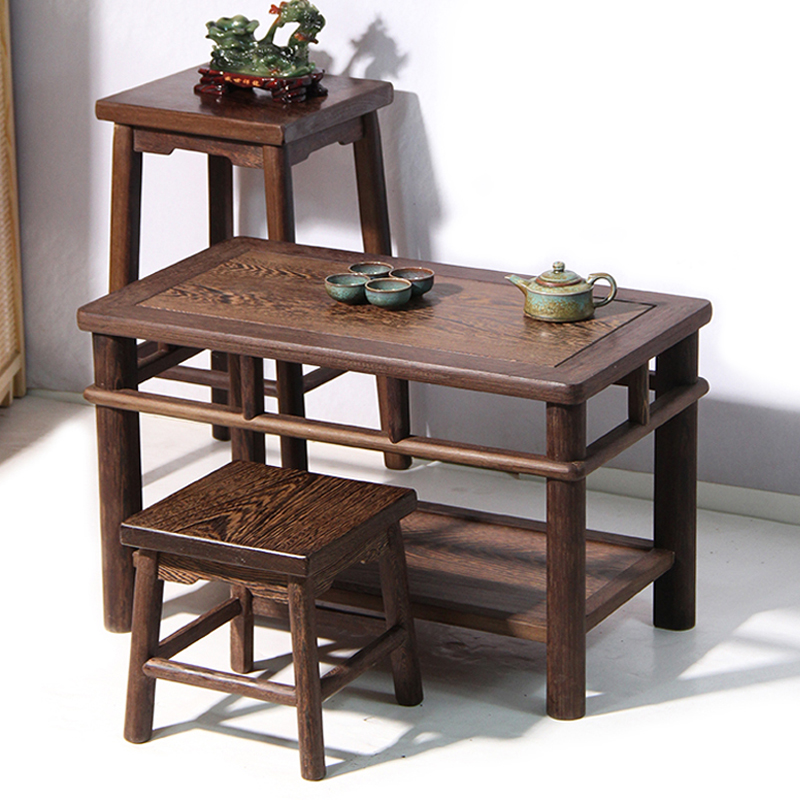 中式鸡翅木茶桌双层茶几小户型红木矮桌全实木餐桌椅简约长条桌子