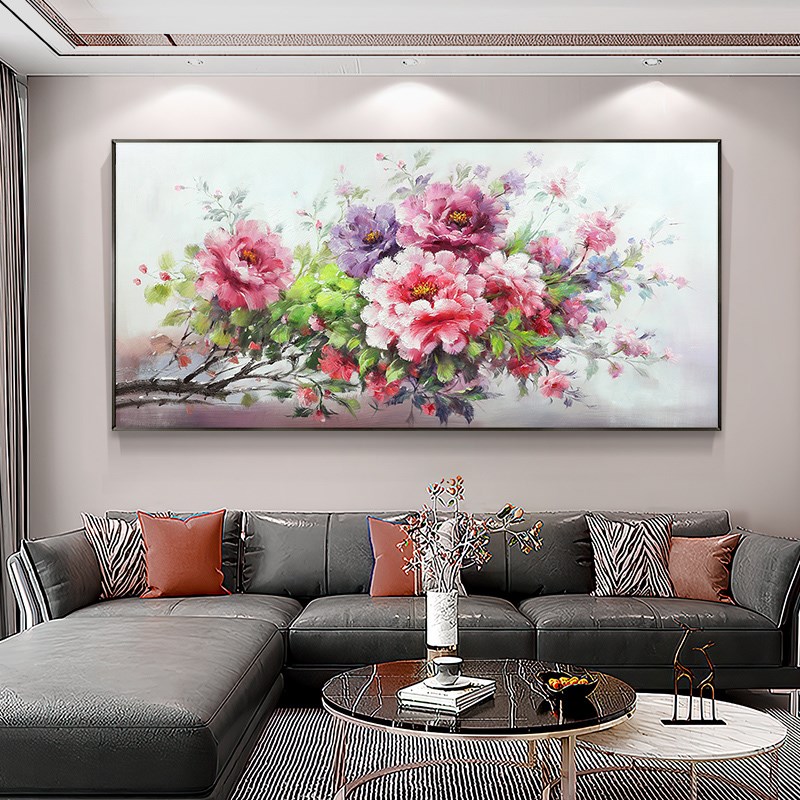 手绘油画牡丹花客厅背景墙装饰画横现代简美玄关过道卧室餐厅挂画图片