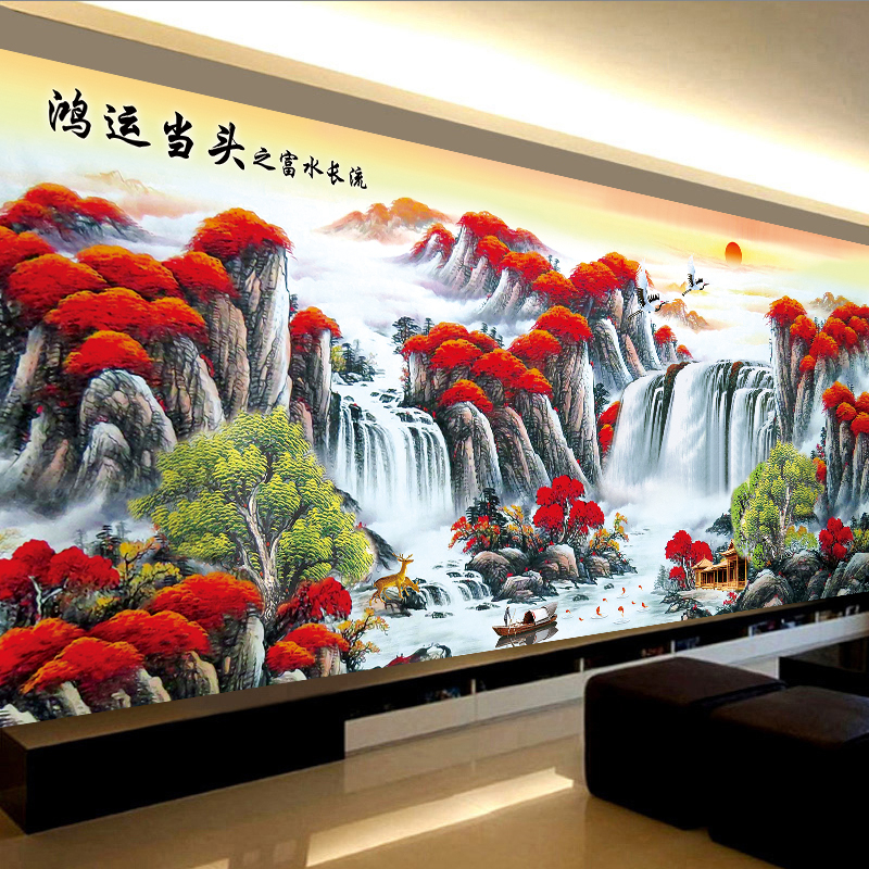 鸿运当头十字绣2020新款线绣客厅大幅山水画流水生财自己绣手工