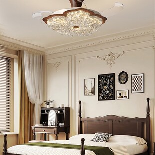意式极简轻奢风扇灯花朵水晶砂中古风卧室灯电扇一体灯餐厅吊扇灯