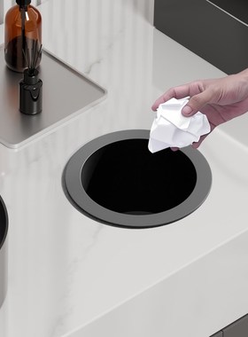 厨房卫生间白色圆形台q面废纸口装饰盖橱柜嵌入式不锈钢垃圾桶纸