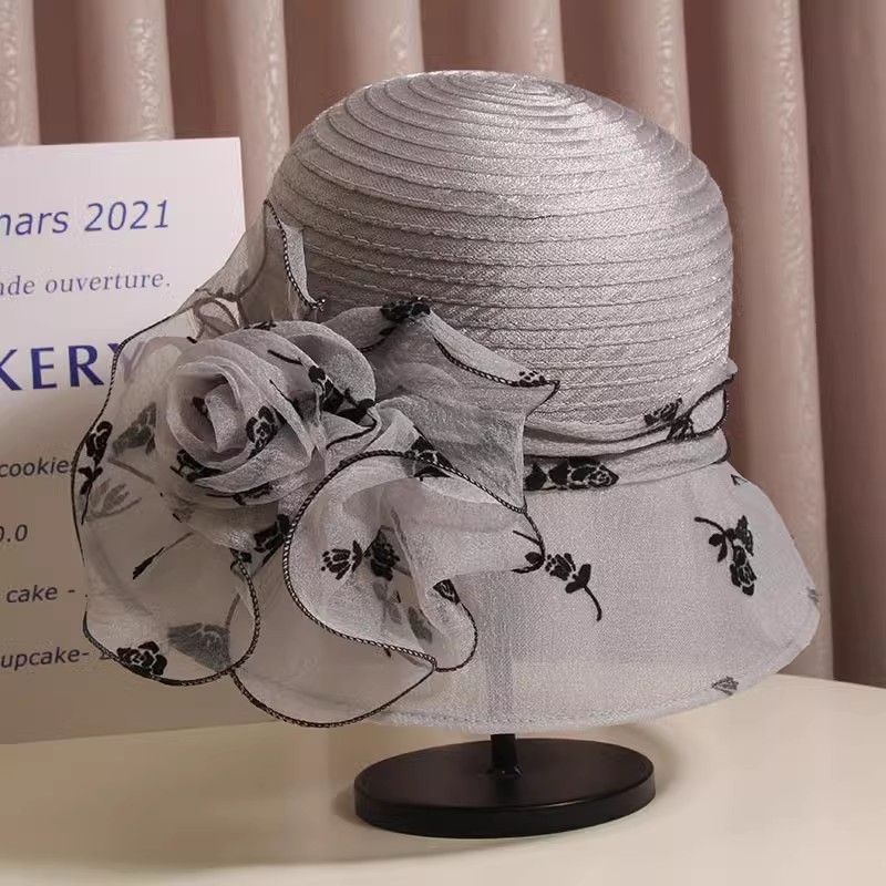 欧根纱花朵渔夫帽太阳帽女夏季出游度假遮阳帽防紫外线英伦复古帽