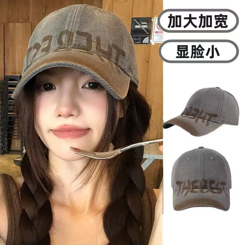 美式复古水洗做旧字母棒球帽女宽帽檐大头围显脸小软顶鸭舌帽子女