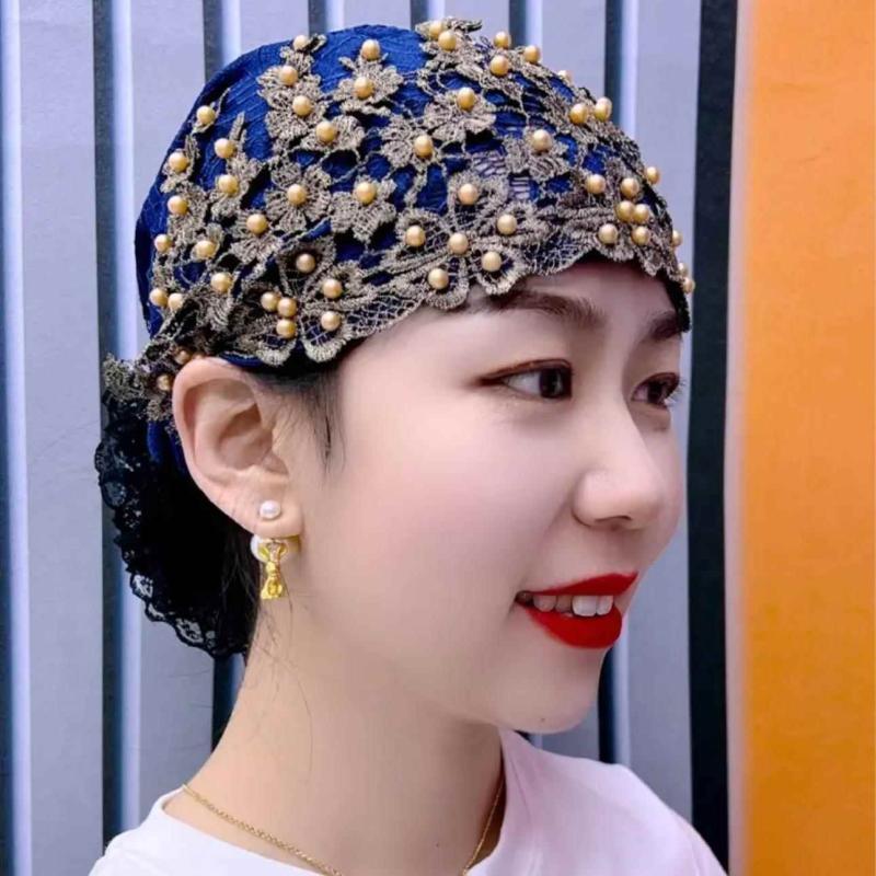 新款四季薄款金丝梅花珠珠蕾丝包头帽透气遮白发帽时尚镂空干发帽