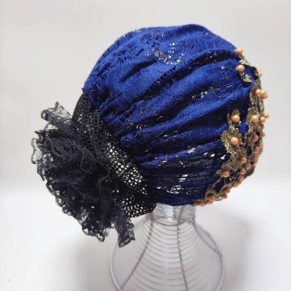 新款洋气四季蕾丝包头刺绣回族休闲妈妈老人头巾遮白发帽子时尚