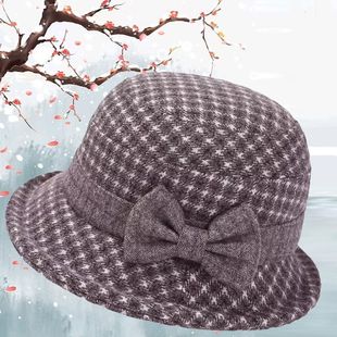 秋冬季帽子老妈帽优雅蝴蝶结盆帽气质减龄百搭复古格纹渔夫帽休闲
