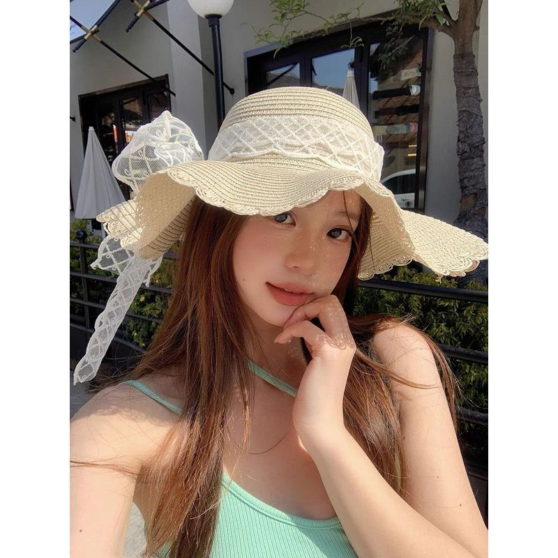 2025新甜美蕾丝夏季蝴蝶结草帽太阳帽可折叠度假沙滩遮阳海边防晒