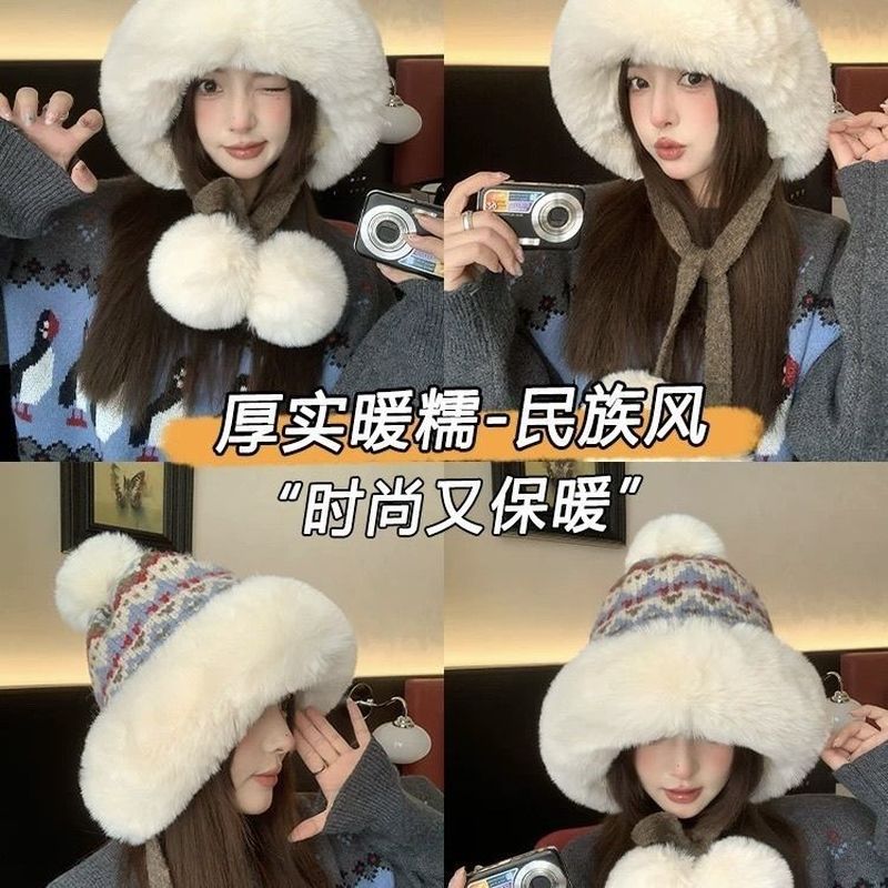 新款冬季可爱加绒针织帽子护耳毛绒加厚保暖雷锋东北毛线帽防寒