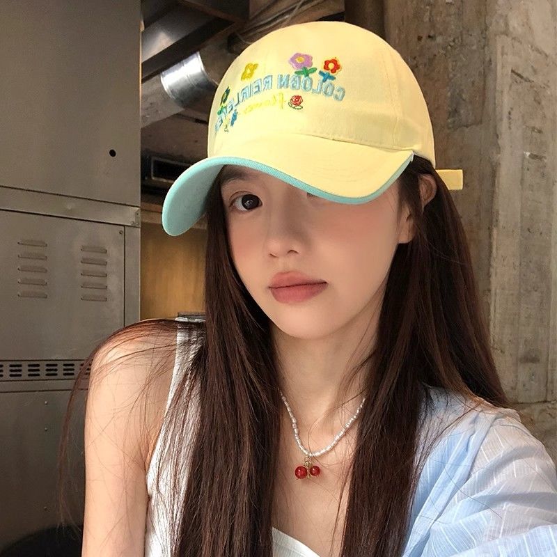 黄色字母刺绣棒球帽新款花朵女百搭软顶大头围鸭舌帽显脸小夏季