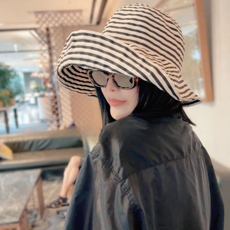 日系可折叠夏季条纹渔夫帽女新款长防晒帽子时尚盆帽大头围太阳帽