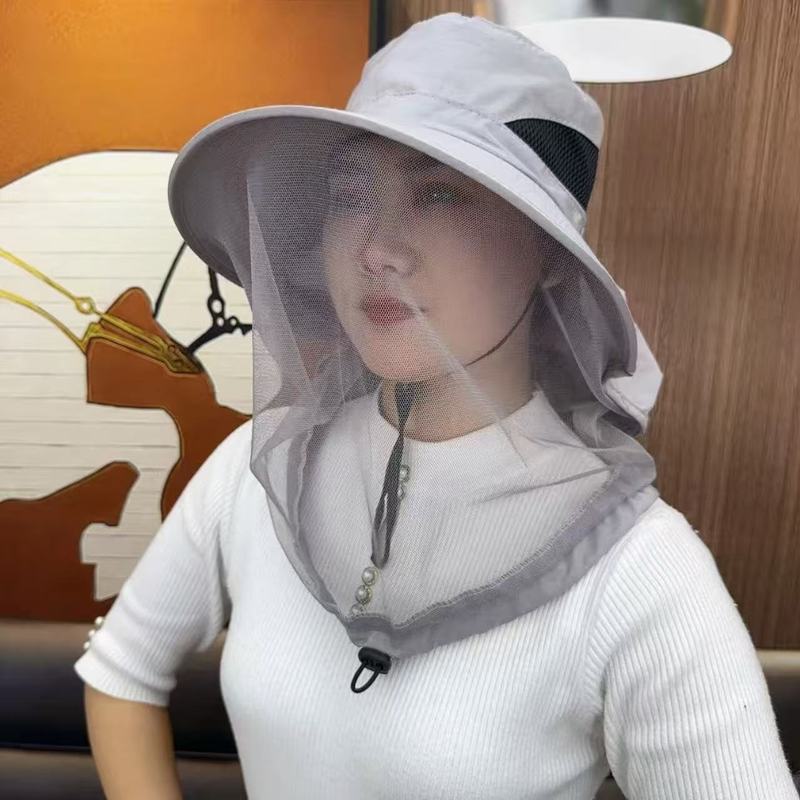 新款防蚊虫渔夫帽网纱面罩帽子女防晒遮阳男防紫外线大帽檐登山帽