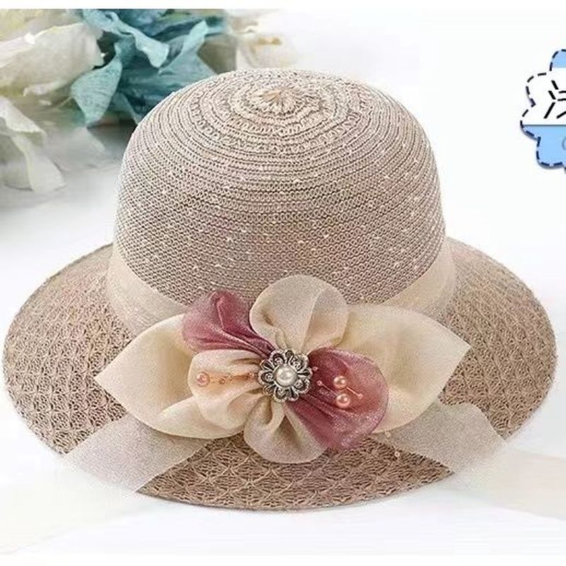 夏季新款百搭帽子女防晒时尚沙滩遮阳帽旅游珍珠草帽渔夫帽出游帽