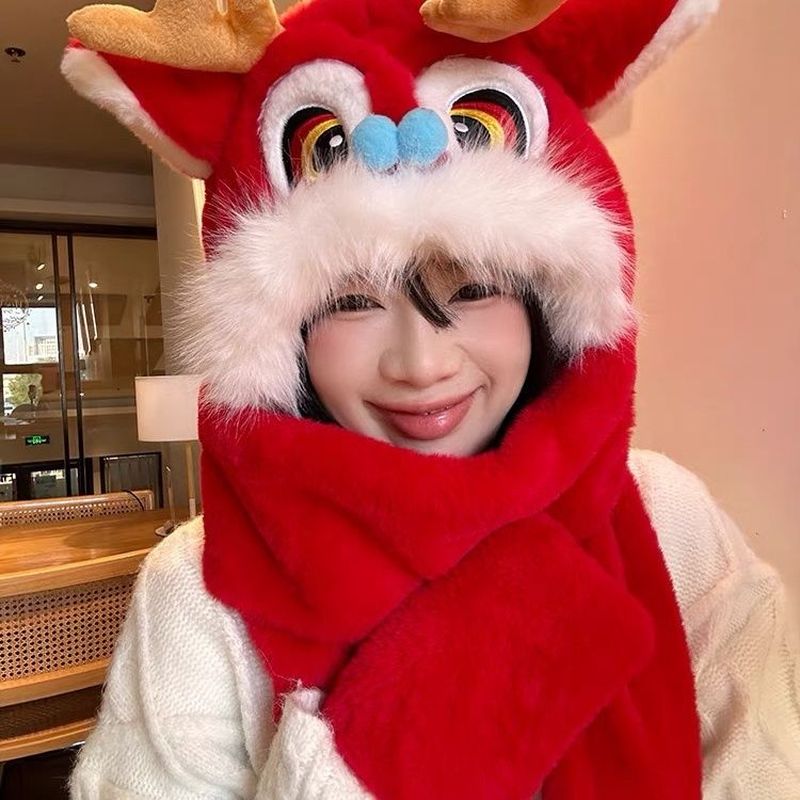 2025新款毛绒帽子女冬季围巾手套一体保暖防寒护耳红色龙年拜年帽