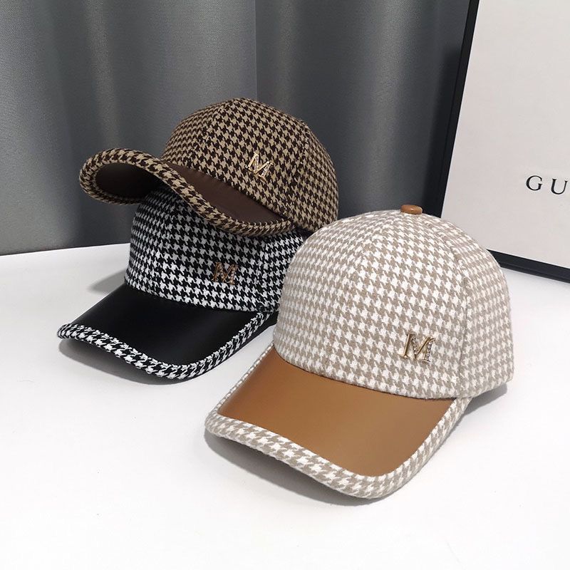 秋冬季新款时尚保暖英伦复古千鸟格休闲百搭弯檐鸭舌帽子女棒球帽