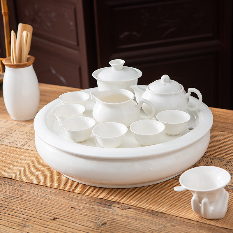 整套潮汕白瓷功夫茶具套装家用陶瓷茶壶茶杯圆形茶盘简约茶具套装