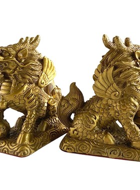 全黄纯铜八卦麒麟摆件一对t公母开过家用光卧室镇客厅入户门口护