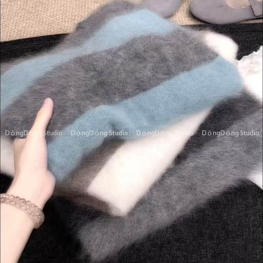 特！大角羊拉绒！拼色条纹圆领套头宽松长袖针织衫保暖毛衣257022