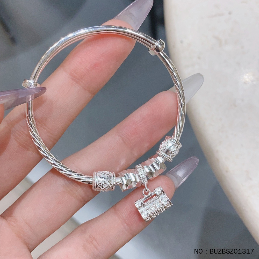 皕宝楼足银时尚精品福气满满福锁挂坠螺纹实心推拉大童手镯