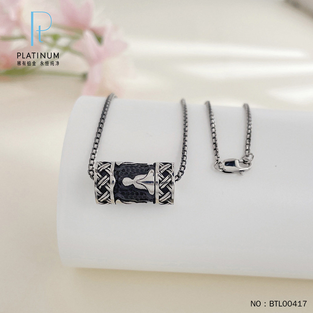 皕宝楼PT950铂金项链 电黑金麻花纹佛像筒珠白金项链