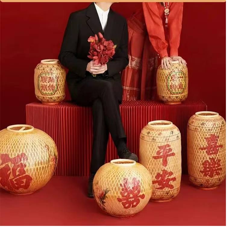 竹编油纸灯笼婚庆拍照道具潮汕传统中式婚礼结婚摄影喜字大红灯笼