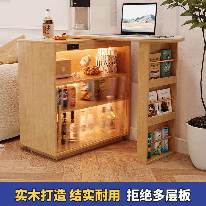 可伸缩实木吧台桌家用客厅隔断日式原木风岛台储物柜吧台柜一体柜