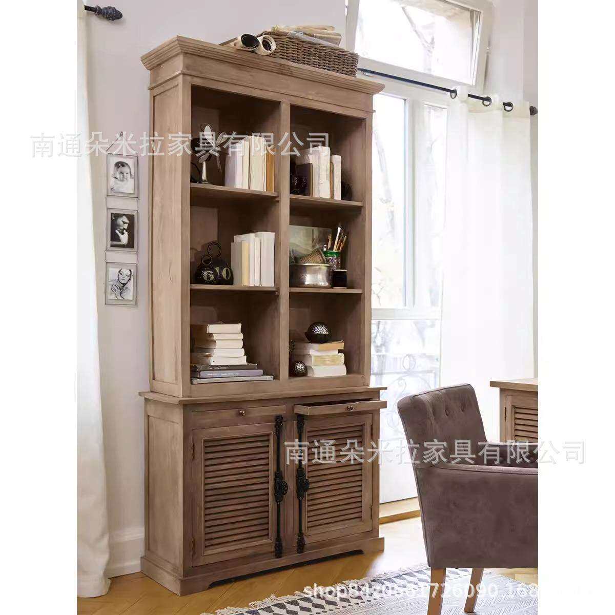 美式乡村实木书柜落地书橱百叶门天地锁复古储物柜靠墙展示柜